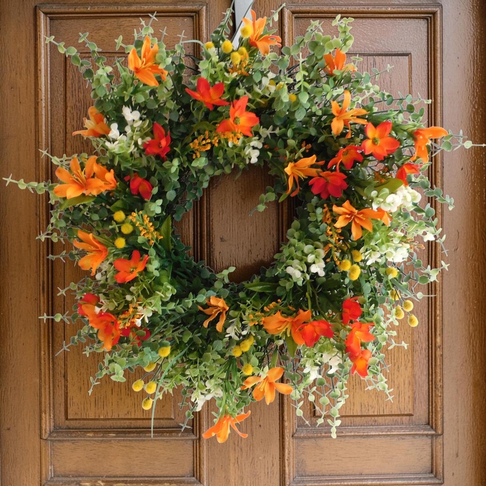 Wildflower Summer Wreath, Wire Vine, Front Door, Tiger Lily, Cosmos